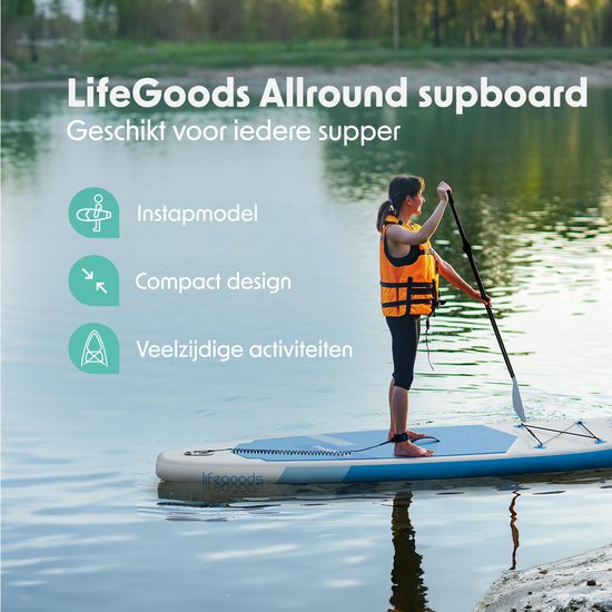 LifeGoods SUP Board All-round Compact - 100 KG Load Capacity - 300 x 76 cm - Inflatable - Complete SUP Package - White/Sky Blue