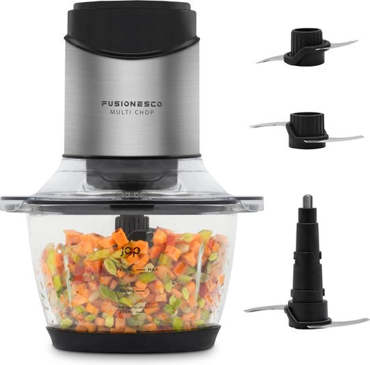 JAP Appliances Multi Chop - Hachoir avec bol en verre (1.2 litres) - Broyeur à glace - Lavable au lave-vaisselle - Hachoir à aliments - 6 lames - 400W