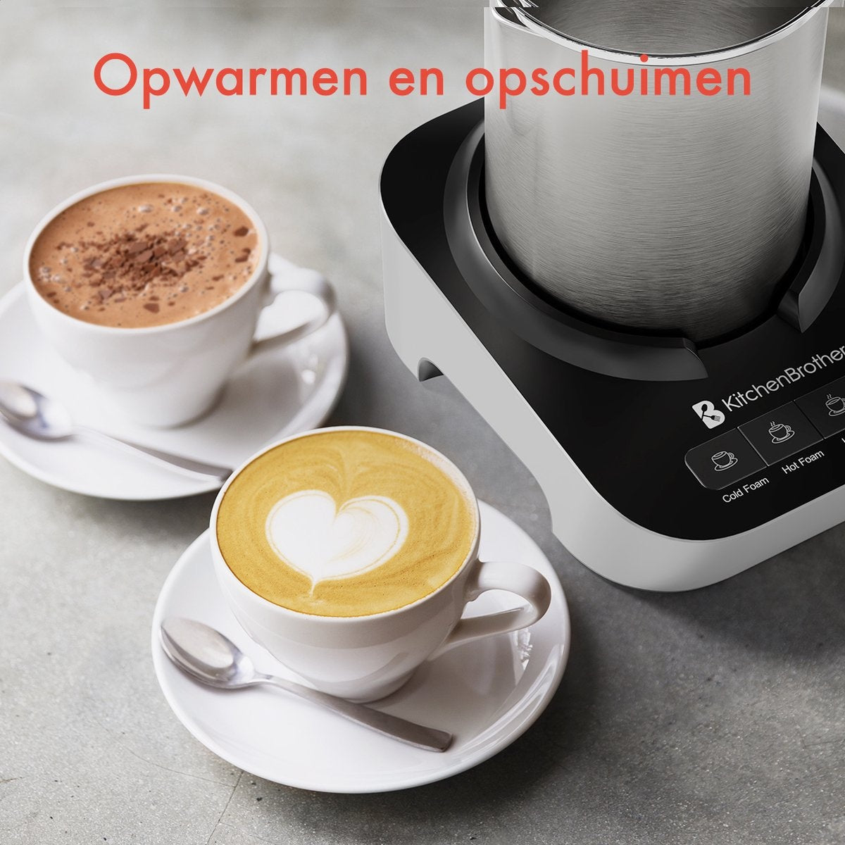 KitchenBrothers - Mousseur à lait électrique - Lavable au lave-vaisselle - 4-en-1 - 400 ML - Acier inoxydable/Noir