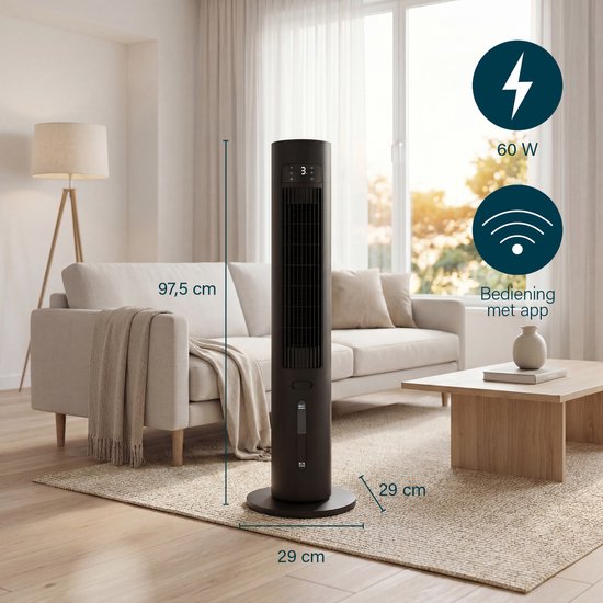 Princess Smart Aircooler – Application et télécommande - Refroidisseur d'air – Réservoir d'eau de 3 L – 3 modes d'oscillation – 60 W – 358670 - Noir