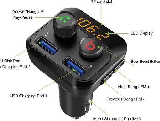 Transmetteur FM avec Bluetooth | Allume-cigarette sans fil pour voiture | Carte Micro SD | Chargement rapide | Chargeur rapide | Carte mémoire | Kit radio pour voiture | Connecteur USB de charge | Chargeur de voiture | Appel mains libres et diffusion de m