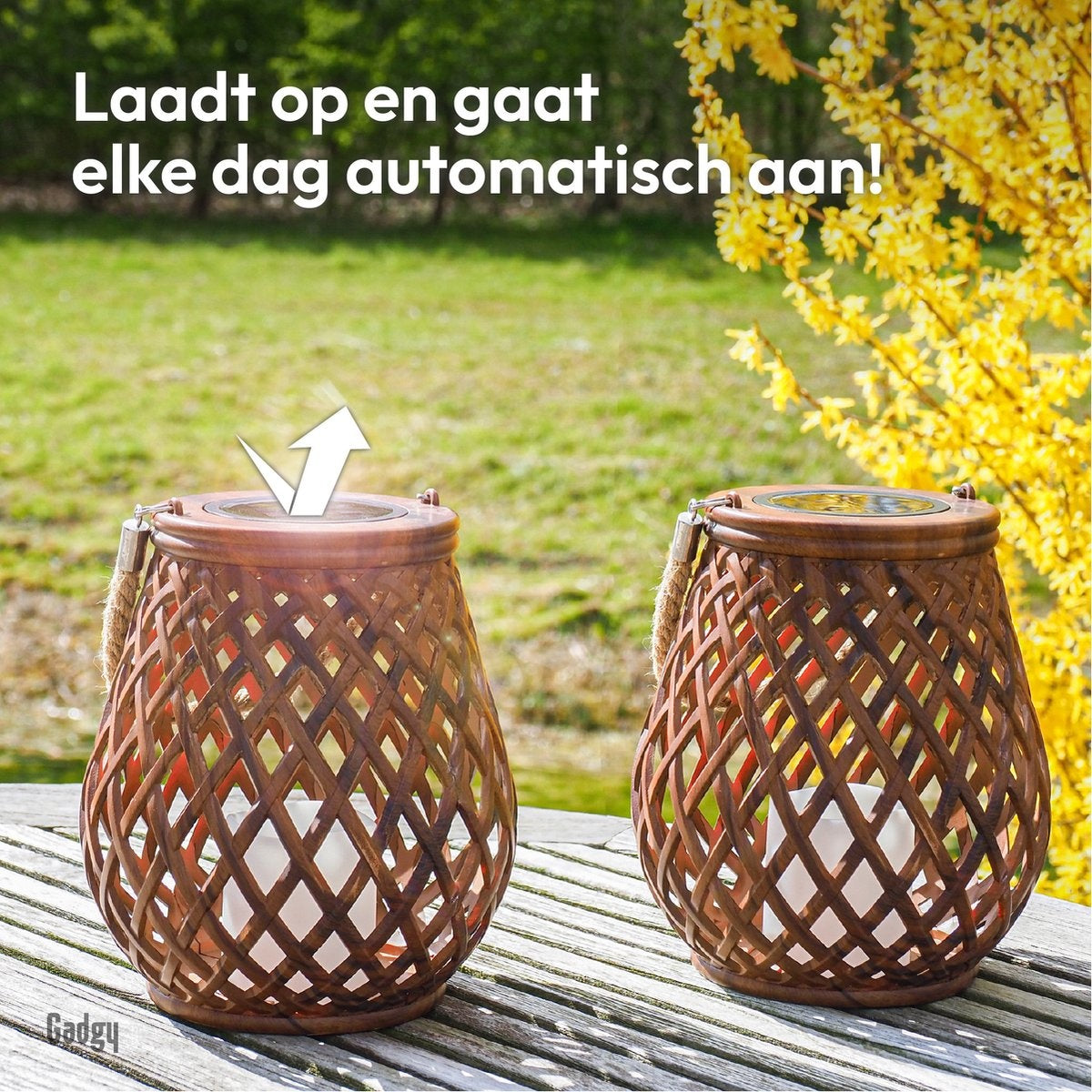 Gadgy Solar Lantaarn Basket - Tuinlantaarn set van 2 - Tafellamp voor Binnen en Buiten - Solar Tuinverlichting op Zonneenergie - Led Buitenverlichting met dag/nacht Sensor - Hanglamp - 21CM Hoog