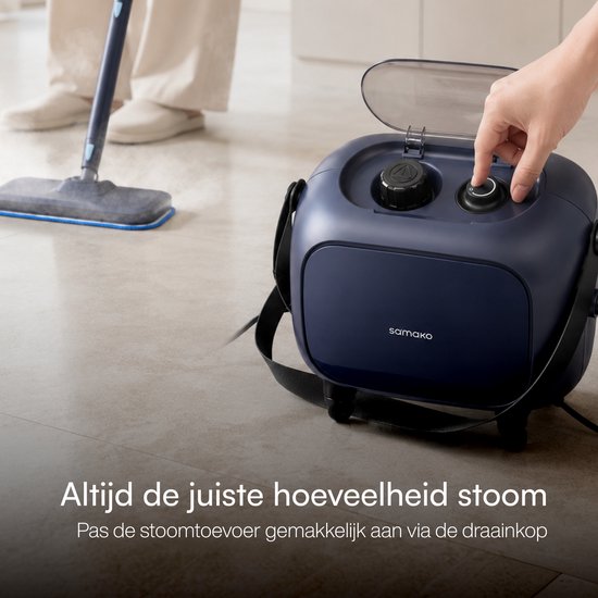 Nettoyeur vapeur Samako Halo 1500 W - Nettoyeur de sol avec réglage de la puissance de vapeur - 15 accessoires - 40 min d'autonomie - Nettoyeur de joints pour salle de bains et cuisine - Bleu
