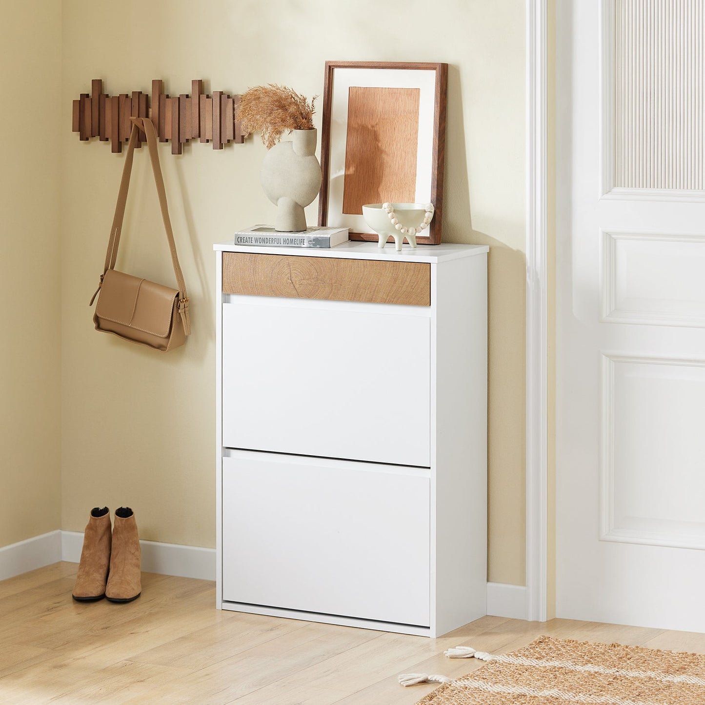 SoBuy FSR205-WN Armoire à chaussures entrée bois blanc 61 x 26 x 91 cm - compacte avec tiroir et portes basculantes - design scandinave