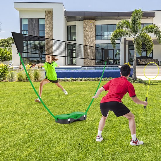 COSTWAY Support de filet de badminton, jeu de navette portable avec raquettes, 2 navettes, filet et boîte de rangement, set complet de badminton pour badminton/tennis et volley-ball pour l'intérieur et l'extérieur