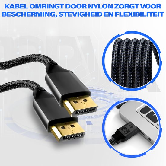 Câble DisplayPort 2.1 - 16K@60Hz/8K@120Hz/4K@144Hz - DisplayPort vers DisplayPort - Câble DP - 2 mètres