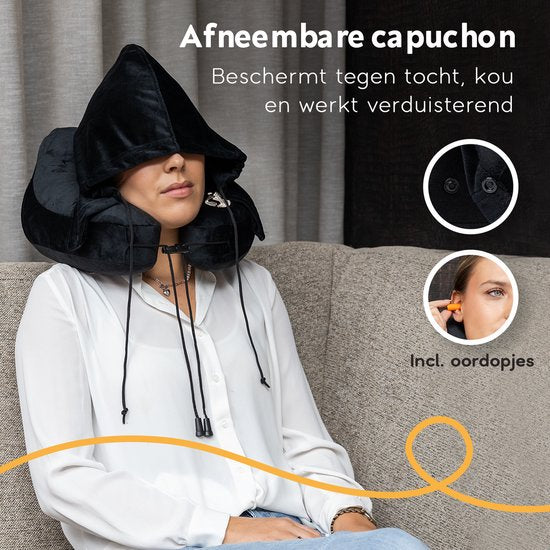 TRAVARA Oreiller gonflable pour la nuque - The Airsnoozer - Oreiller de voyage - Pour l'avion et la voiture - Avec bouchons d'oreilles - Oreiller pour la nuque - Noir