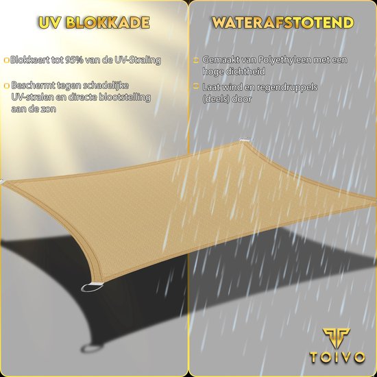 Toivo Toile d'ombrage Rectangle 3 x 4 Mètres - Crème - Matière HDPE - Corde et mousqueton inclus - Toile d'ombrage - Filet d'ombrage - Pare-soleil