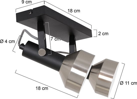 Spot de plafond Acier 3338ZW Noir, 2 douilles E27, orientable et inclinable, plastique et métal, style moderne, Mexlite