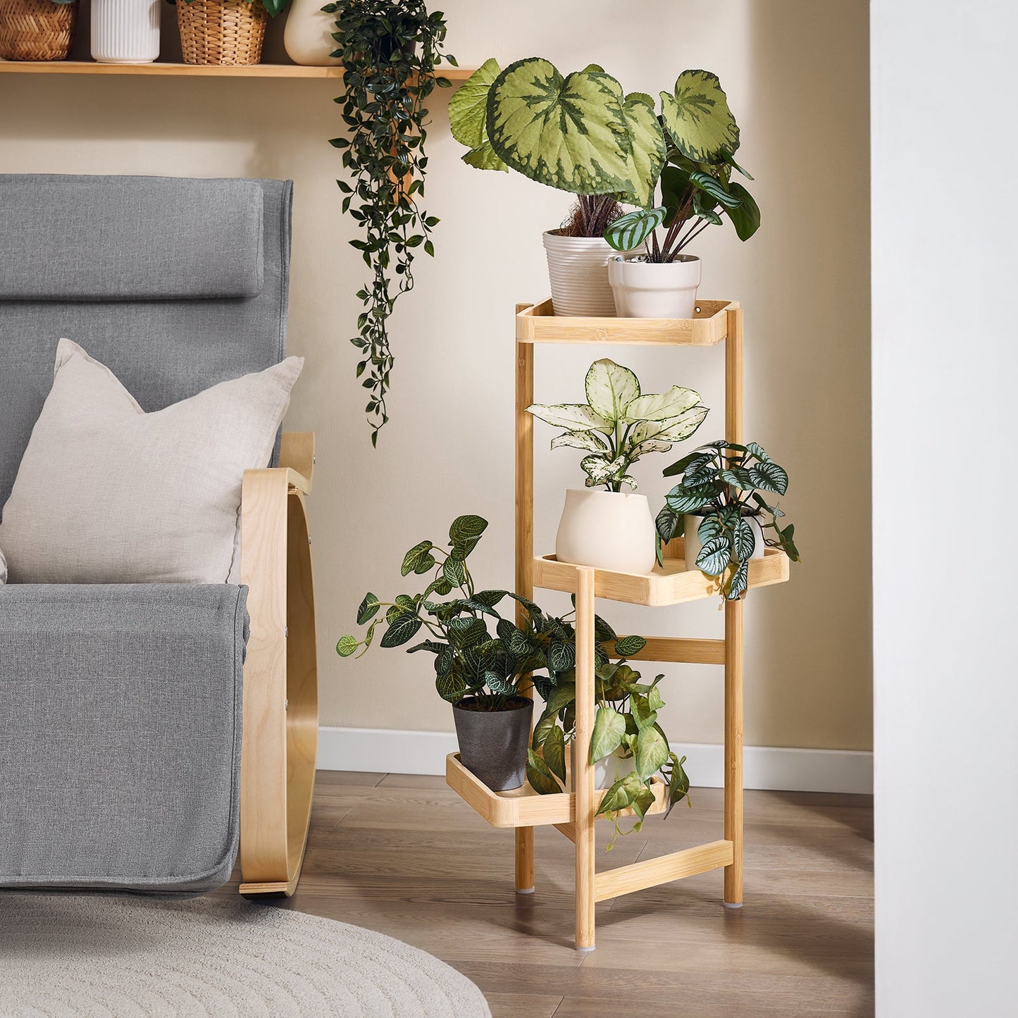 SoBuy STR12-N Support à plantes en bois à 3 étages - bambou naturel, 31 x 78 x 27 cm, pour 3 pots