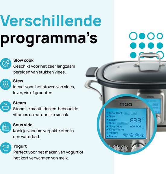 MOA Multicooker - Mijoteuse - 8 fonctions de cuisson - 6 litres - 1250W - Cuiseur de riz - Cuiseur vapeur - Cuiseur sous vide - Yaourtière - acier inoxydable - MC01S