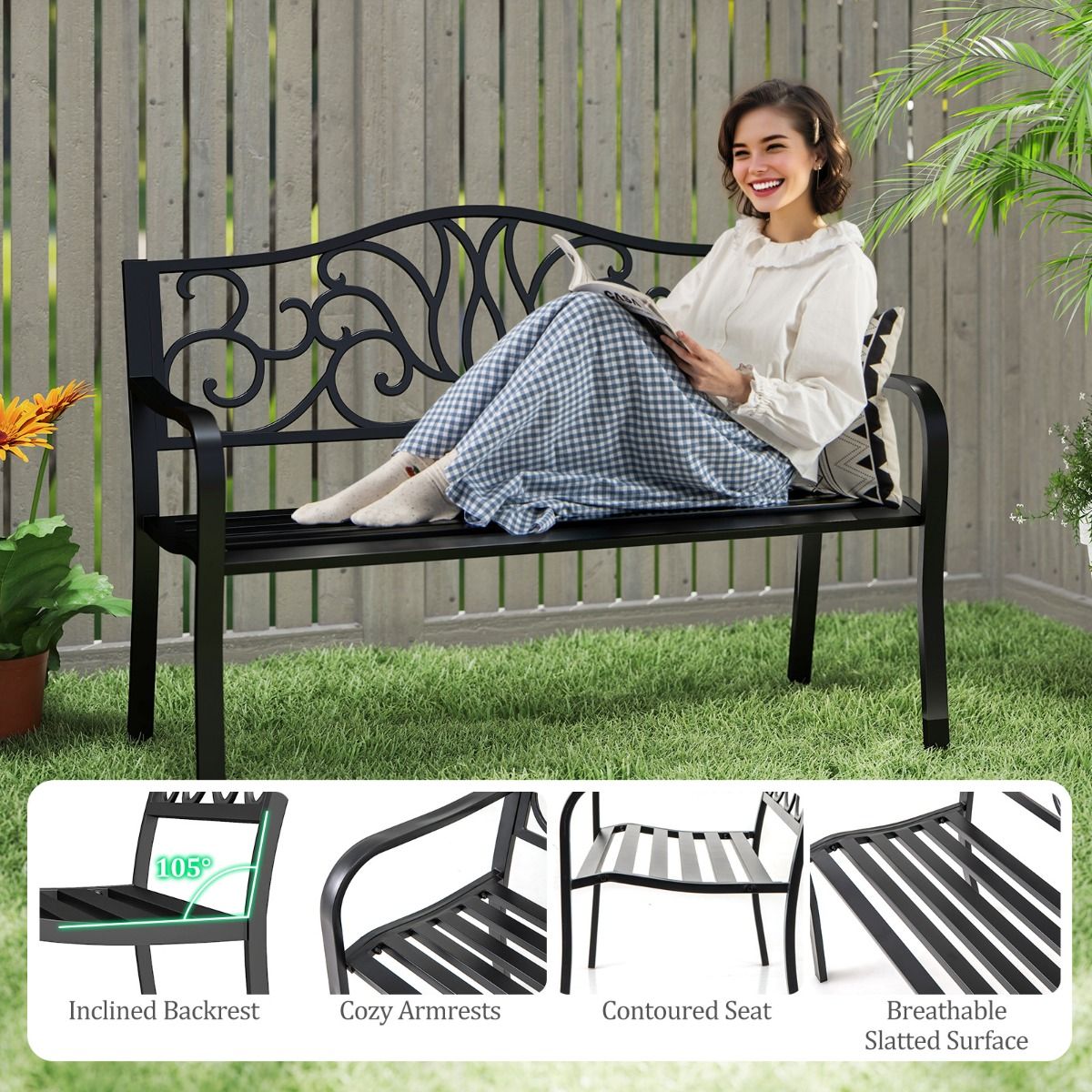 coast Garden Bench Black - dossier en fonte avec motif floral - 127 x 61 x 89 cm - Banc de terrasse 2-3 personnes avec accoudoirs