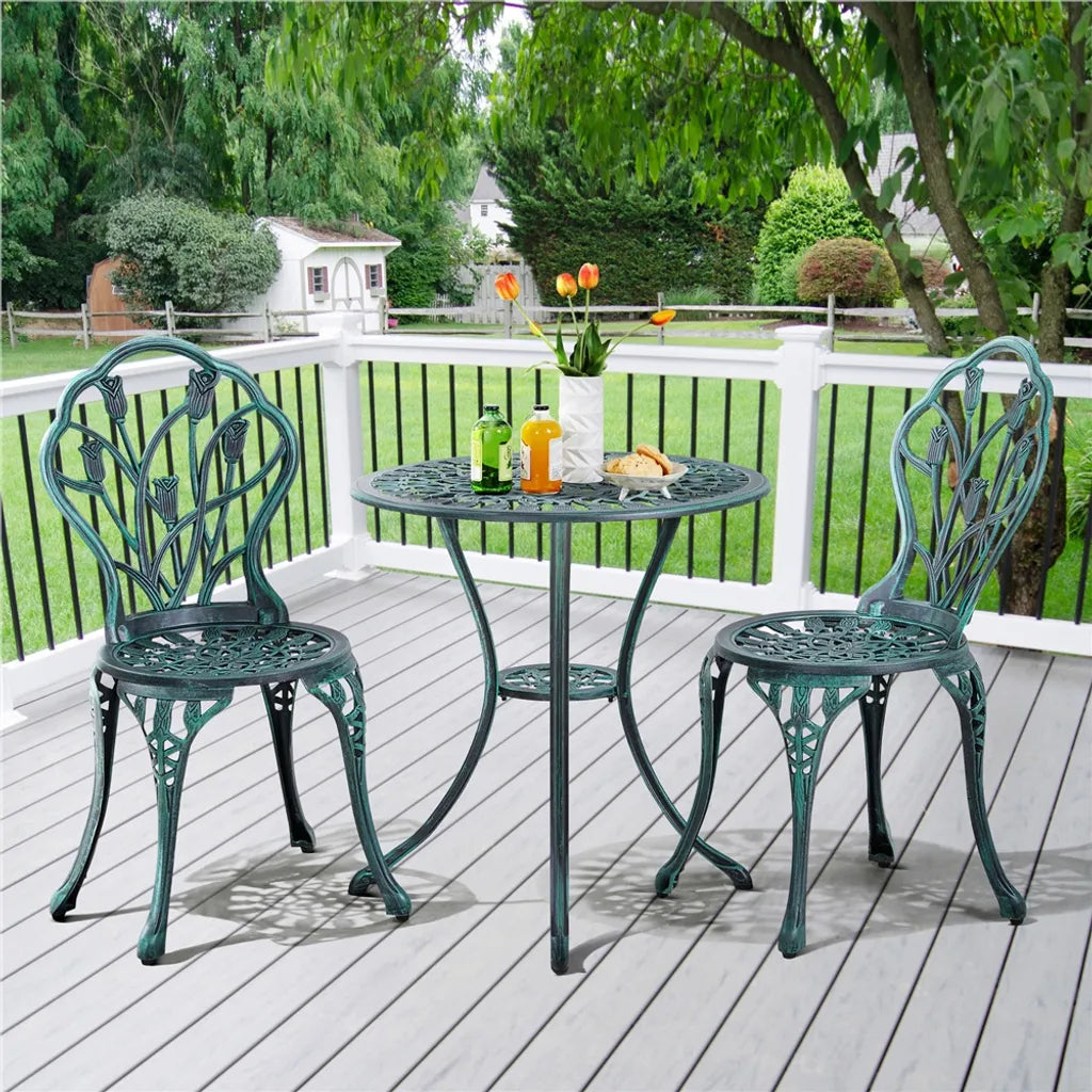 Ensemble de jardin Yaheetech 3 pièces style bistrot - Vert - Ensemble de jardin en aluminium comprenant 2 chaises et une table avec trou pour parasol