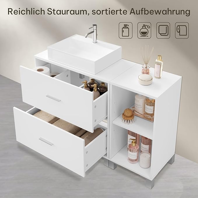 eSituro SBP0098 meuble bas pour lavabo meuble de salle de bain - blanc - 2 grands tiroirs - meuble latéral pouvant être placé à gauche ou à droite