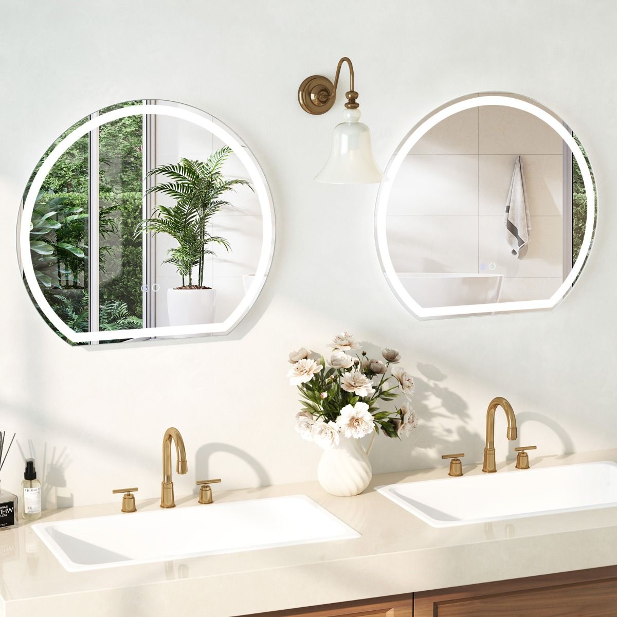 Coast 60 x 54 cm LED Miroir de salle de bain Miroir mural rond argenté avec éclairage à 3 couleurs graduables, antibuée et fonction mémoire