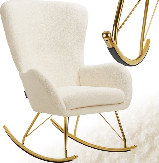 tectake® Swing Rocking Chair - Fauteuil Bouclé tapissé avec patins en acier et coussin d'assise extra épais - Design scandinave, facile d'entretien et ergonomique - crème/doré