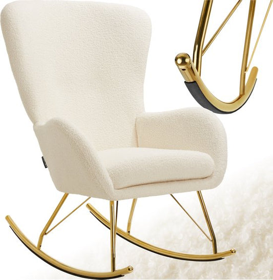 tectake® Swing Rocking Chair - Fauteuil Bouclé tapissé avec patins en acier et coussin d'assise extra épais - Design scandinave, facile d'entretien et ergonomique - crème/doré