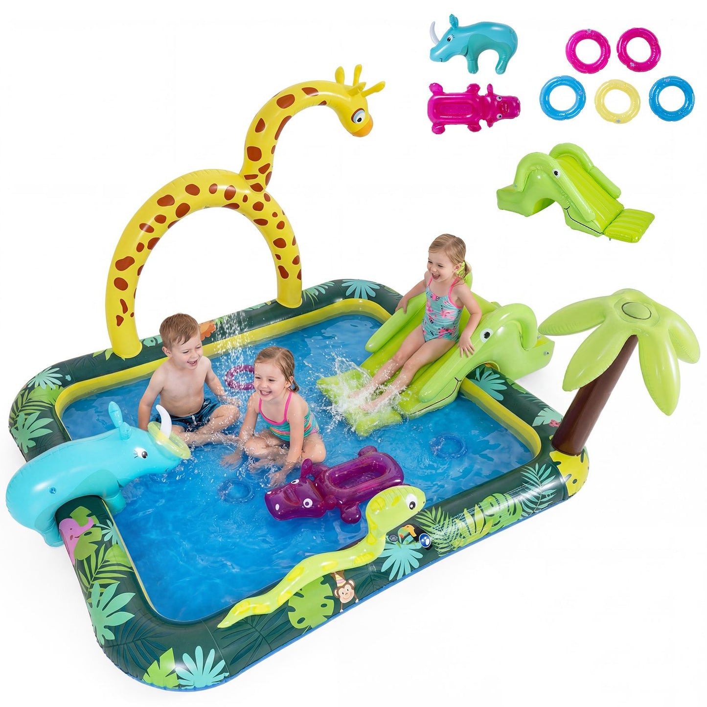 Piscine gonflable Coast « Animaux de la jungle » avec toboggan et arroseur - Jeu de lancer d'anneaux et centre de jeux aquatiques pour enfants - 208 x 178 x 138 cm - Multicolore