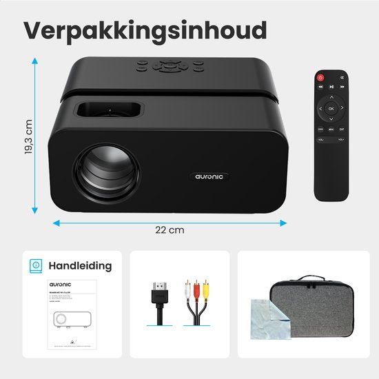 Auronic Beamer 10 000 lumens - 1080p Full HD - Diffusion depuis votre téléphone - Wi-Fi - Mini-projecteur intelligent - Câble HDMI - Télécommande - Noir
