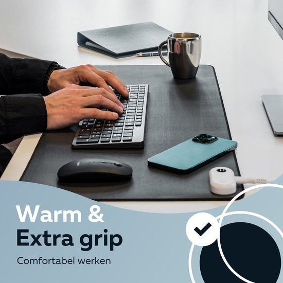 WURK Professional Tapis de bureau chauffant - 30℃ à 50℃ - Organisateur de bureau - Comprend un clip de câble - Noir - 80x33