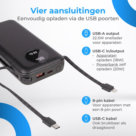 Nuvance Powerbank 20 000 mAh - Chargeur rapide 22,5 W USB-C et 8 broches - Kit d'urgence - 2 ports - 2 câbles intégrés - Powerbank