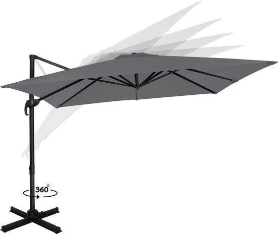 VONROC Premium Parasol flottant Pisogne 300x300cm - Base transversale et housse de protection incluses - Parasol carré - Rotation 360° - Inclinaison - Toile résistante aux UV - Gris