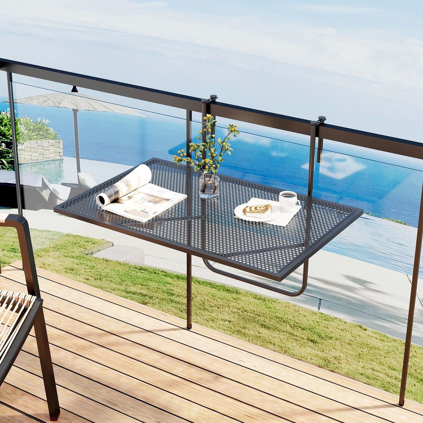 Coast Table de balcon pliante en métal noir 60,5 x 40,5 cm Table rectangulaire suspendue