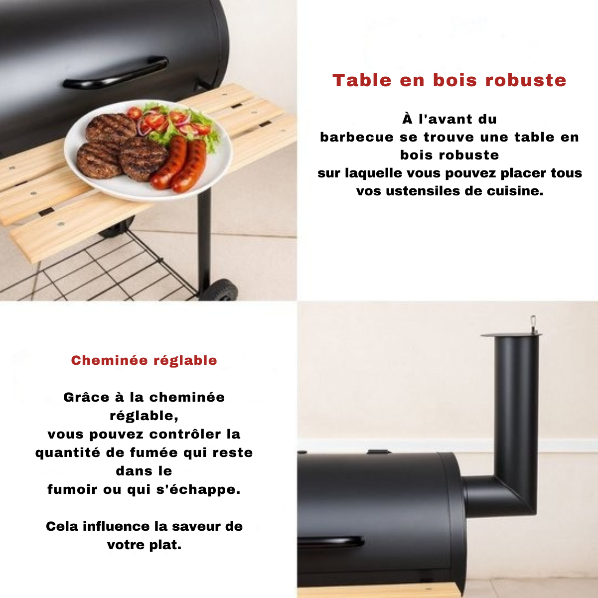 alpina Smoker Barbecue - BBQ Smoker - avec fumoir séparé - cheminée réglable - 104 x 58 x 114 cm - noir