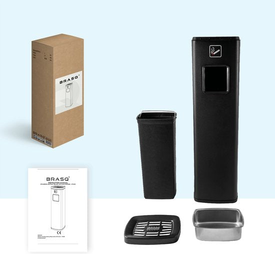 BRASQ Cendrier sur pied noir - Cendrier d'extérieur avec poubelle de 20 litres - Poteau fumeur - Poubelle avec cendrier