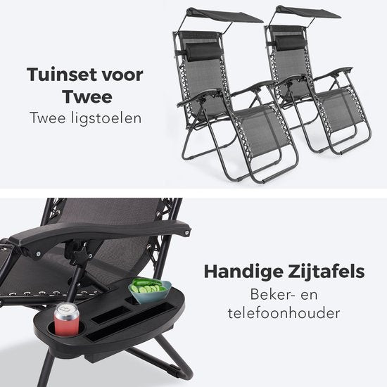 LifeGoods Chaises de jardin pliables - avec auvent - parasol réglable - 2 pièces - 30°-90° réglable - métal - noir