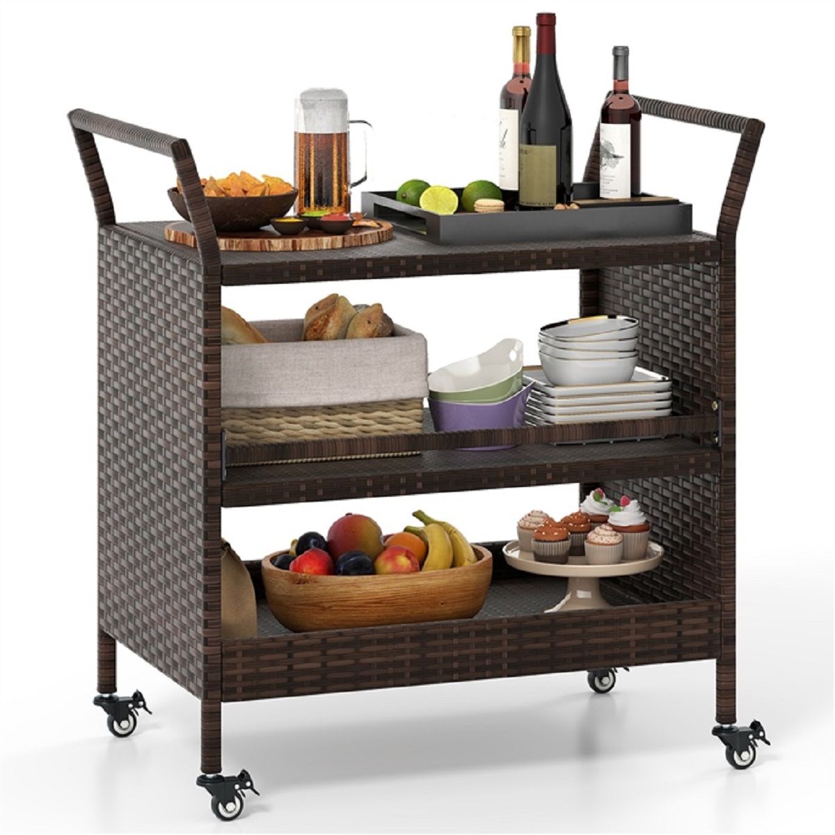 Chariot de bar d'extérieur Coast - 3 étagères - Rotin avec roulettes verrouillables - Marron - 86 x 50 x 89 cm