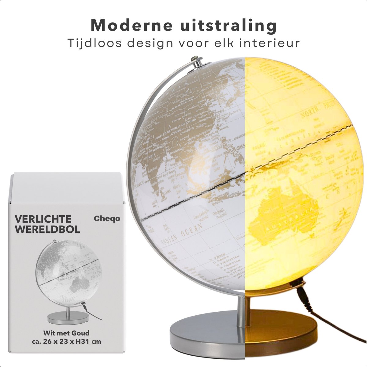 Cheqo® Lampe Globe 31 cm - Globe LED avec éclairage - Or blanc - Lampe Globe USB décorative