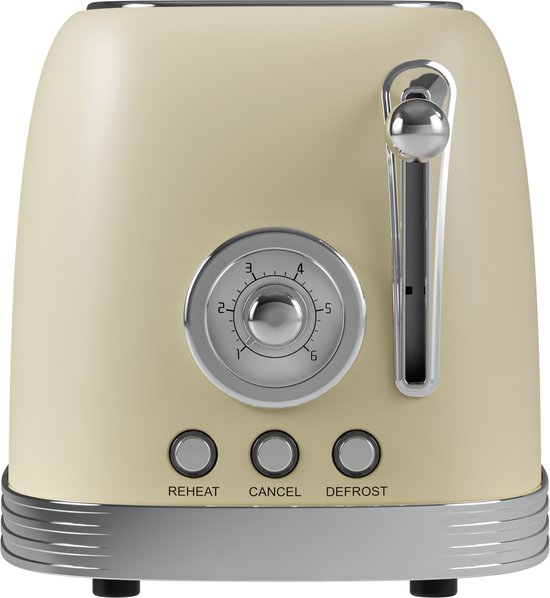 KitchenBrothers Retro Toaster - Grille-pain - 6 niveaux de chaleur - 2 fentes extra-larges - 815W - Beige