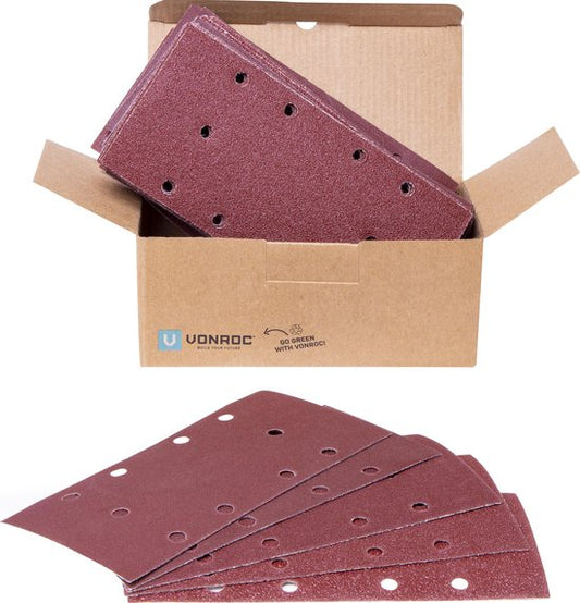 VONROC Jeu de papier de verre 92 x 187mm- 50 pièces - Pour ponceuses orbitales - Fixation Velcro