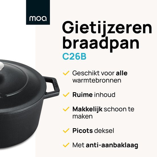MOA Casserole en fonte - 5,7L - Pour toutes les sources de chaleur y compris l'induction - Avec couvercle - Ø 26cm - Revêtement antiadhésif - Noir