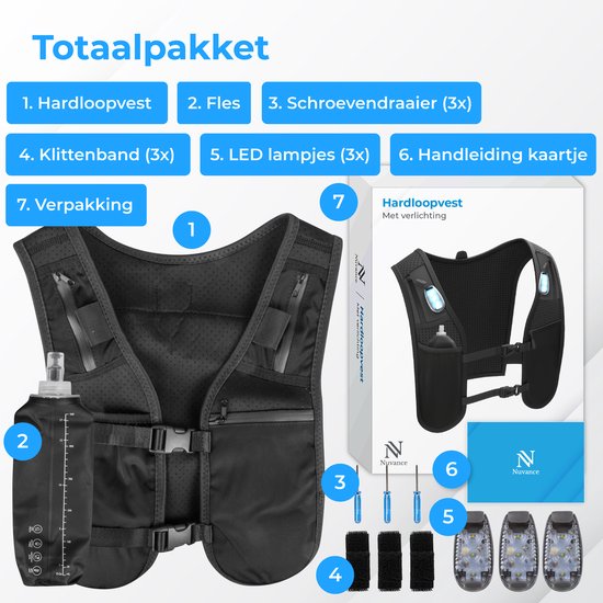 Nuvance Running Vest - 3x LED - Gilet de course à pied avec éclairage - Gilet de course à pied - Gilet de course à pied avec poche pour bouteille d'eau et téléphone - Universel