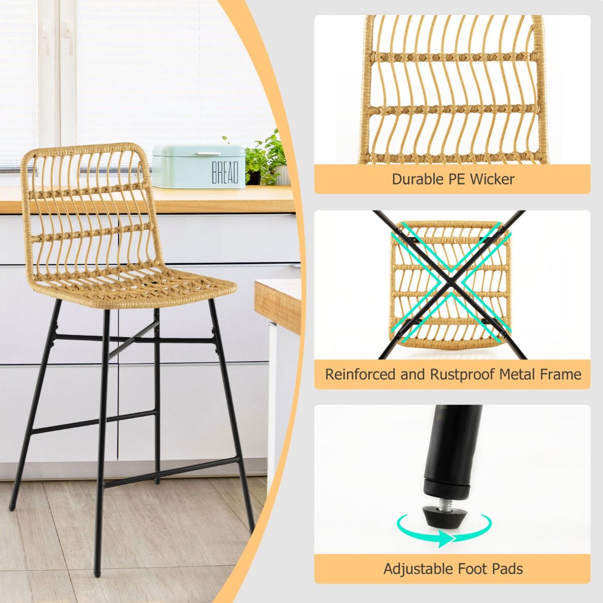 Coast - Tabourets de bar (Lot de 2) - aspect rotin, hauteur d'assise 69 cm, intérieur/extérieur - 49 x 56 x 104 cm - PE Reed/Métal - Naturel