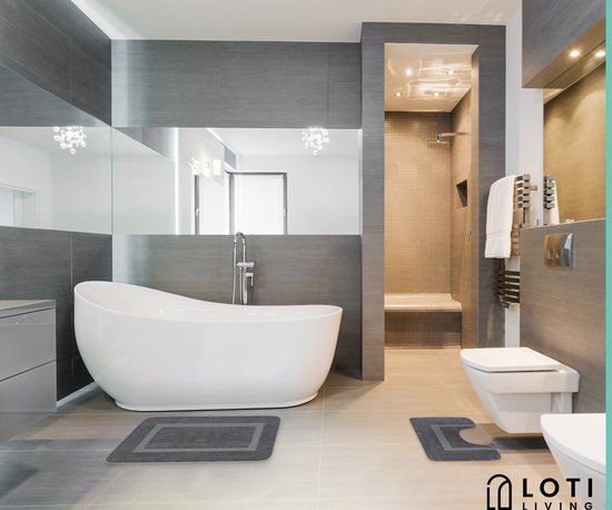 Loti Living Tapis de bain avec tapis de toilette antidérapant - Tapis de douche - Tapis de salle de bain - Tapis de sol - Tapis de bain avec tapis de toilette - Tapis de bain antidérapant - Gris - 50x80 cm + 50x40 cm