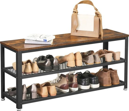 Goliving Rangement de chaussures - Banc de chaussures - Banc d'entrée - Industriel - 30 x 80 x 45 cm - Métal - Bois brun