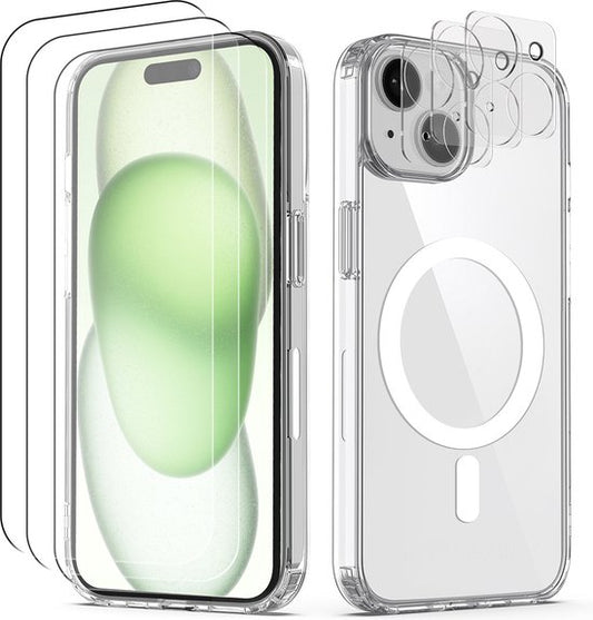 Podec Magsafe Case Suitable for iPhone 15 Plus - With 3x Screen Protector + 3x Camera Protector - Magnetic with Ring Transparent - Phone Case Transparent Case