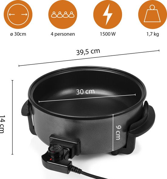 Tristar Casserole PZ-9135 - Casserole électrique avec couvercle 30 cm - Snack Pan XL - Revêtement antiadhésif et thermostat réglable - Maximum 250 ⁰C - Noir