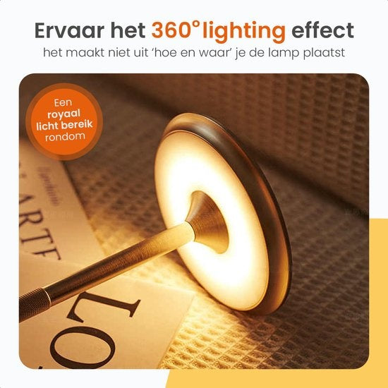 Goliving Lampe de table Rechargeable - Sans fil et dimmable - Lampe tactile moderne - Lampe de nuit pour la chambre à coucher - Résistant aux éclaboussures - 27 cm - Or