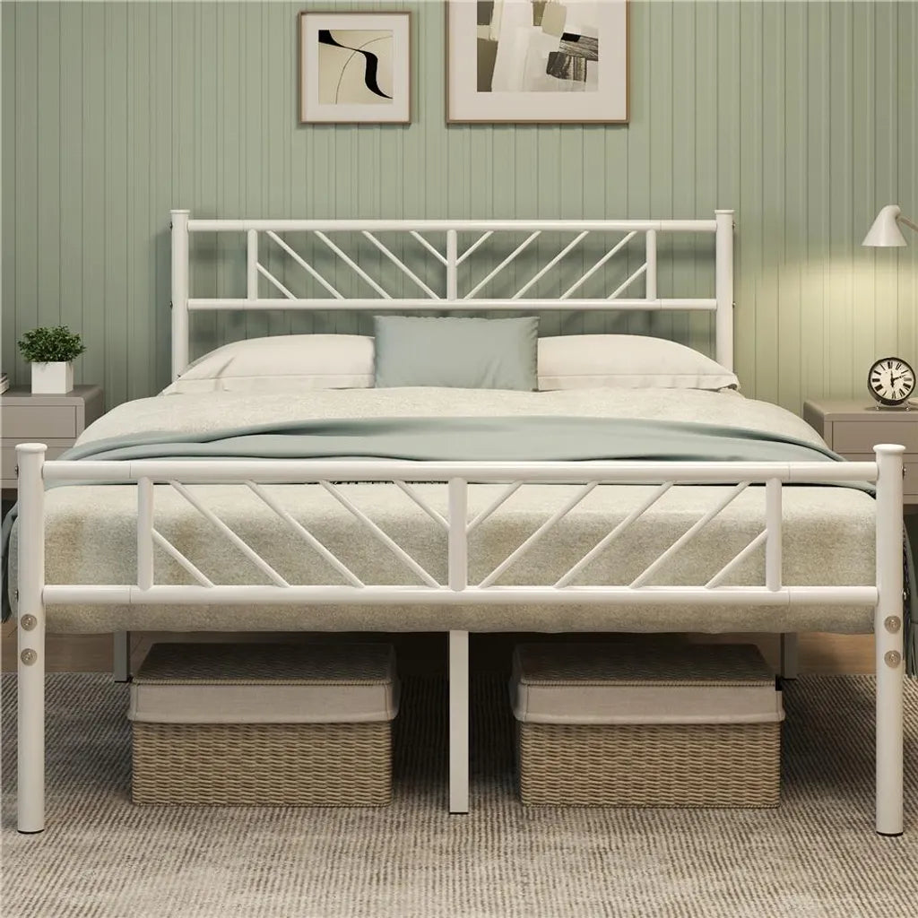 Cadre de lit en métal Yaheetech - Sommier à lattes - 140 x 200 cm - Espace de rangement de 32 cm - Blanc