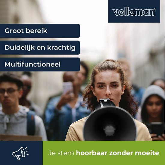 Velleman Mégaphone puissant de 50 W avec sirène intégrée, enregistrement de 700 secondes, réglage du volume, Bluetooth, microphone à main et connexion USB, portée : max 1200 m, noir mat