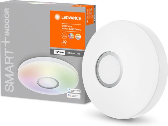 LEDVANCE Applique et plafonnier LED intérieur intelligent avec technologie wifi, couleur de la lumière modifiable (3-K-65-K), couleur RVB modifiable, blanc, 34-mm, compatible Google et Alexa, SMART+ ORBIS KITE RGBW