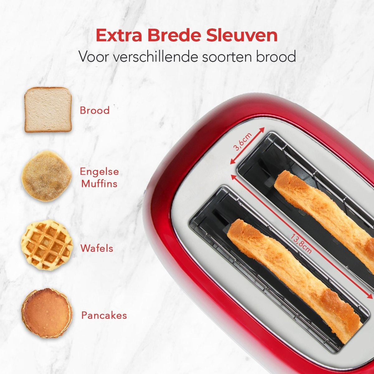 KitchenBrothers Grille-pain rétro - 6 niveaux de chaleur - 2 fentes extra-larges - 1630W - Fonction de réchauffage et de décongélation - Rouge