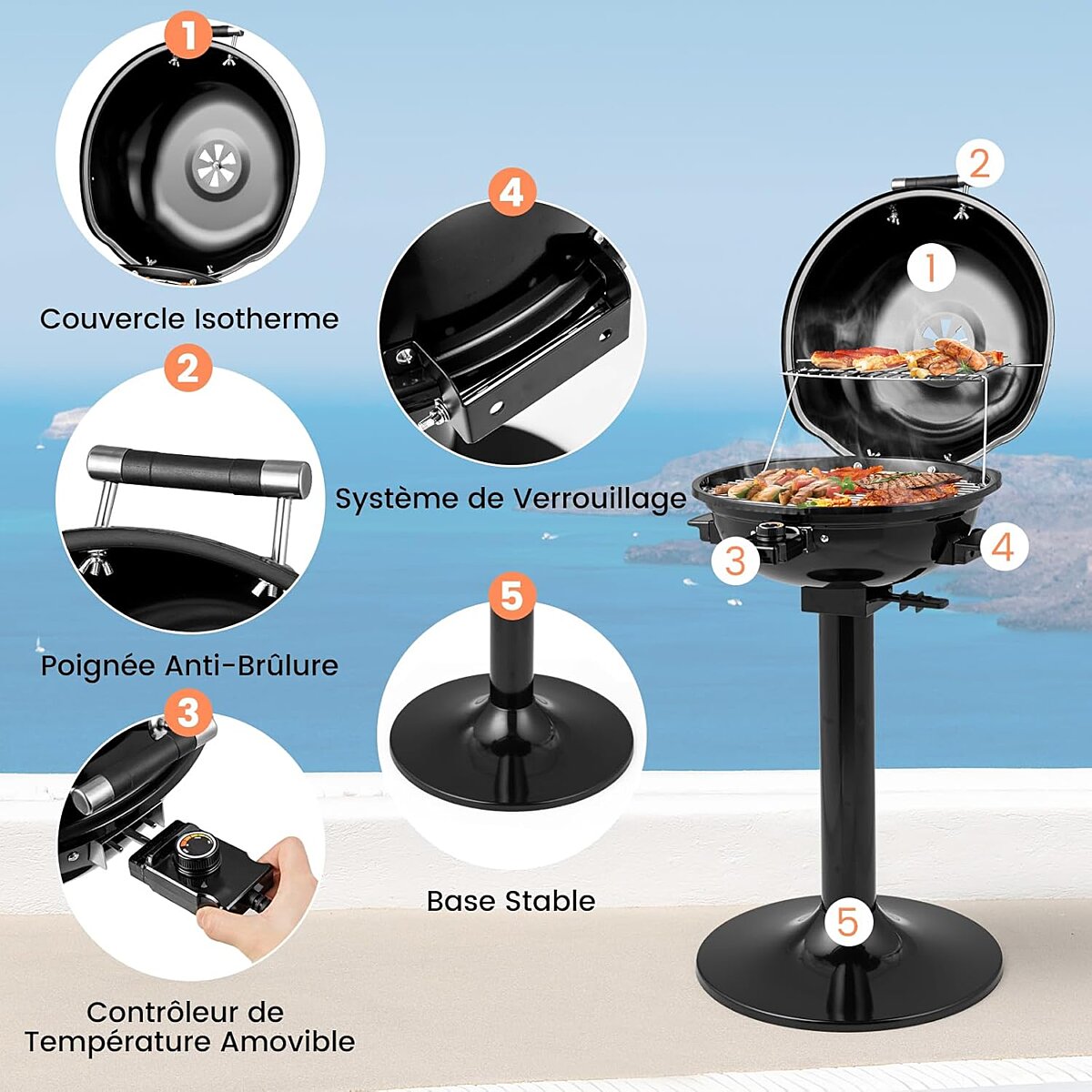 Barbecue électrique GrillMaster 1 600 W – Grille de cuisson de 44 cm – Noir/Rouge – 52 x 44 x 82 cm