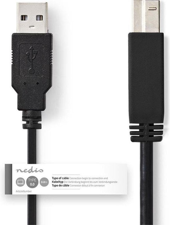 Câble USB - USB 2.0 - USB-A Mâle - USB-B Mâle - 7,5 W - 480 Mbps - Nickelé - 1,00 m - Rond - PVC - Noir - Étiquette