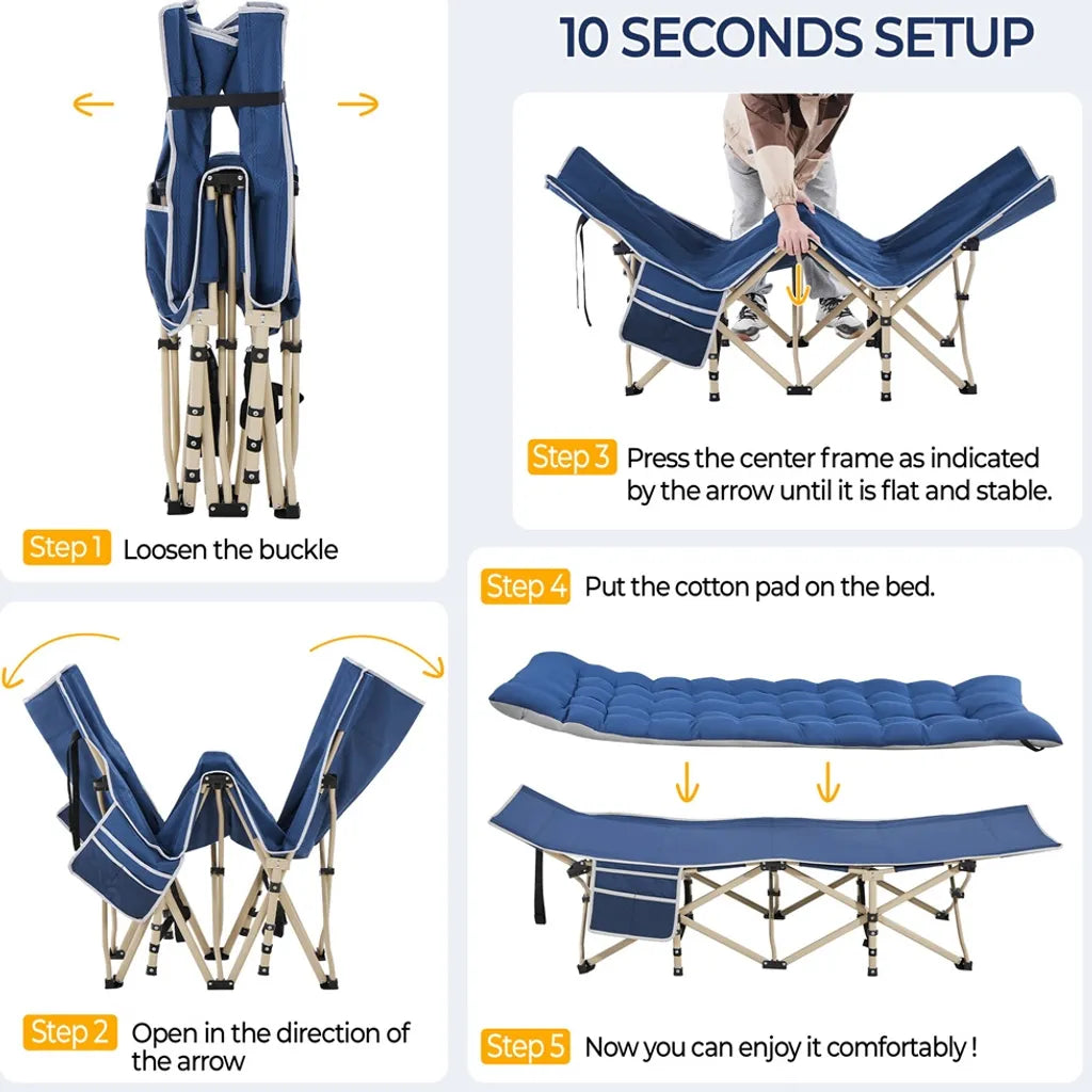 Yaheetech Camping Bed with Mattress 191 × 67 × 56 cm - Blue - Lit de camp pliable avec sac de transport et poche latérale