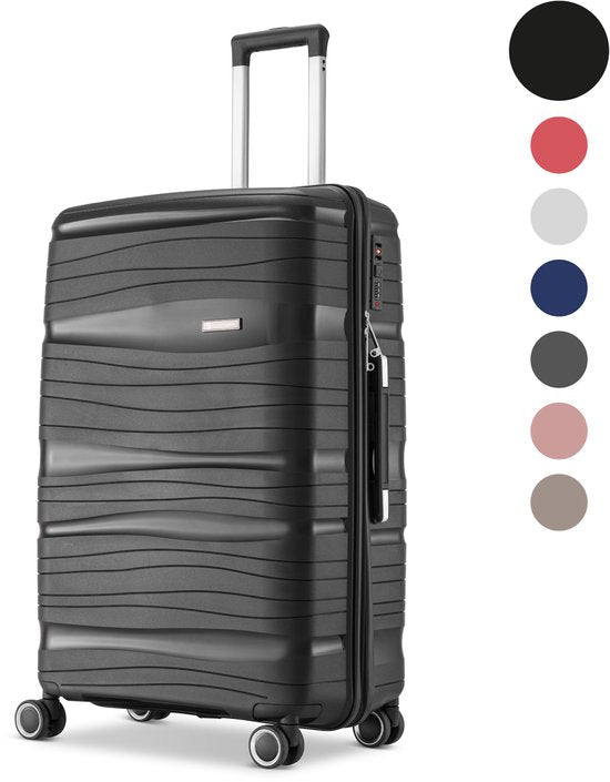 SKYCASES Travelin' Charm - 28-inch Large Travel Suitcase - Number Lock - 41x24x69 cm - 98L - Lightweight, Waterproof & Durable - Black V2